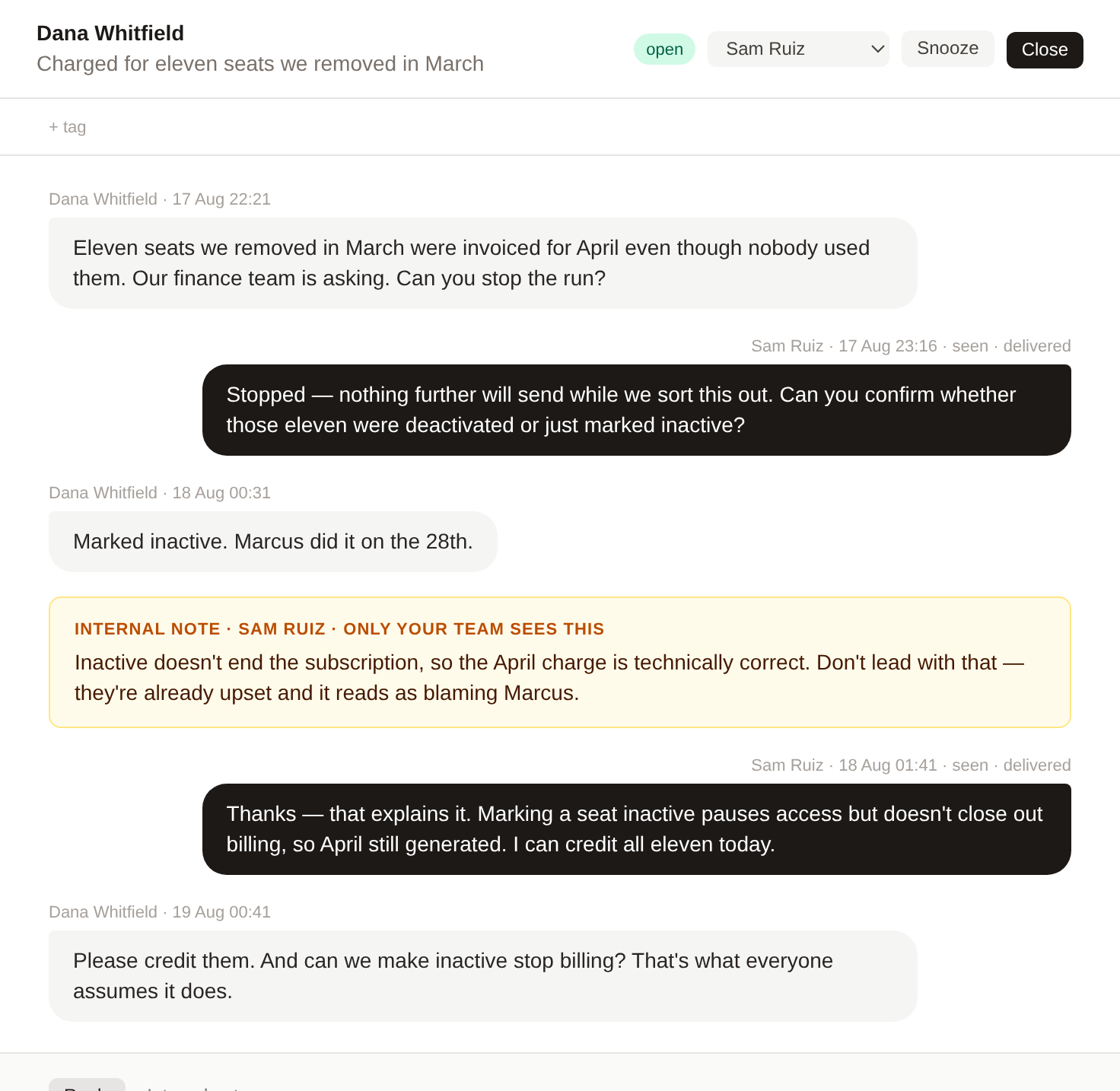 A conversation open in the agent inbox with the reply composer below it
