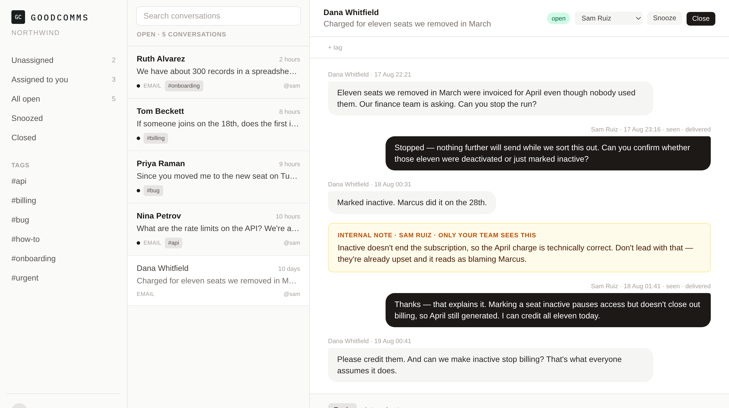 The Goodcomms agent inbox: filters, conversation list, and an open thread