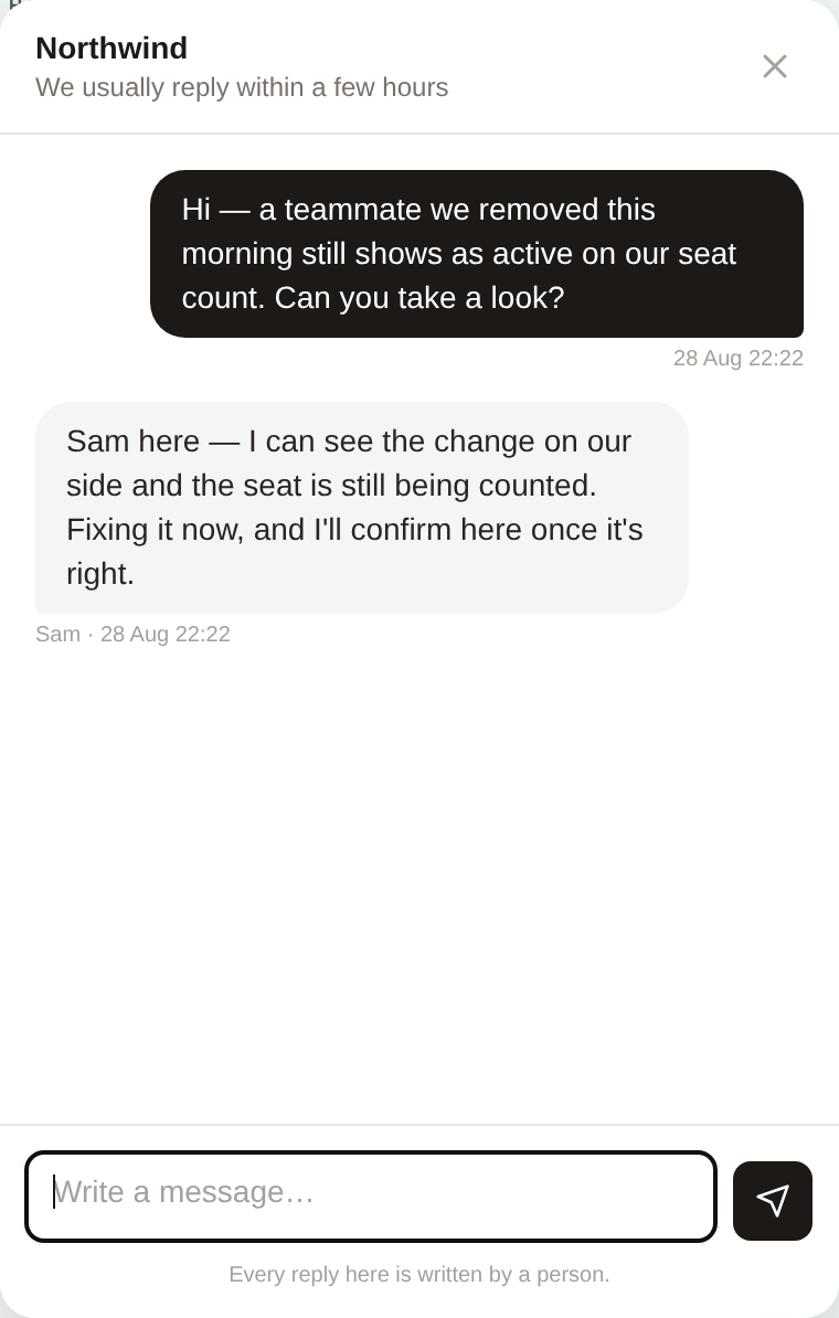 The Goodcomms chat widget: a customer's question and a named agent's reply